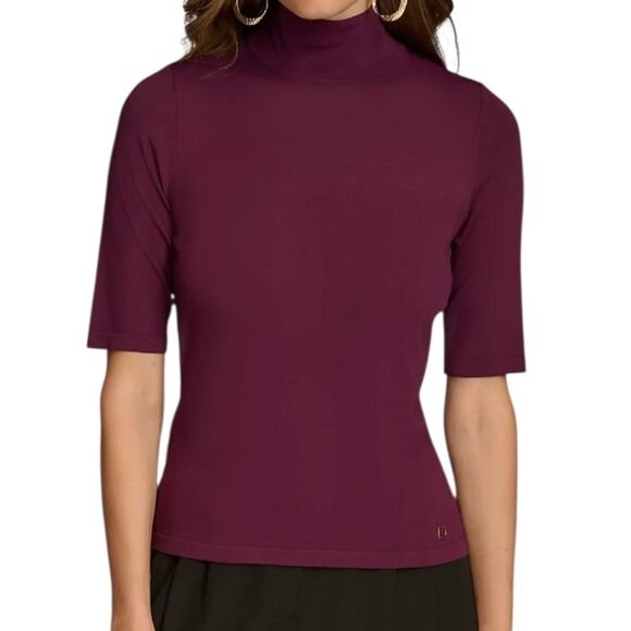 Donna Karan Women’s Mock Neck Elbow Sleeve Top Elderberry Size M - Picture 1 of 3